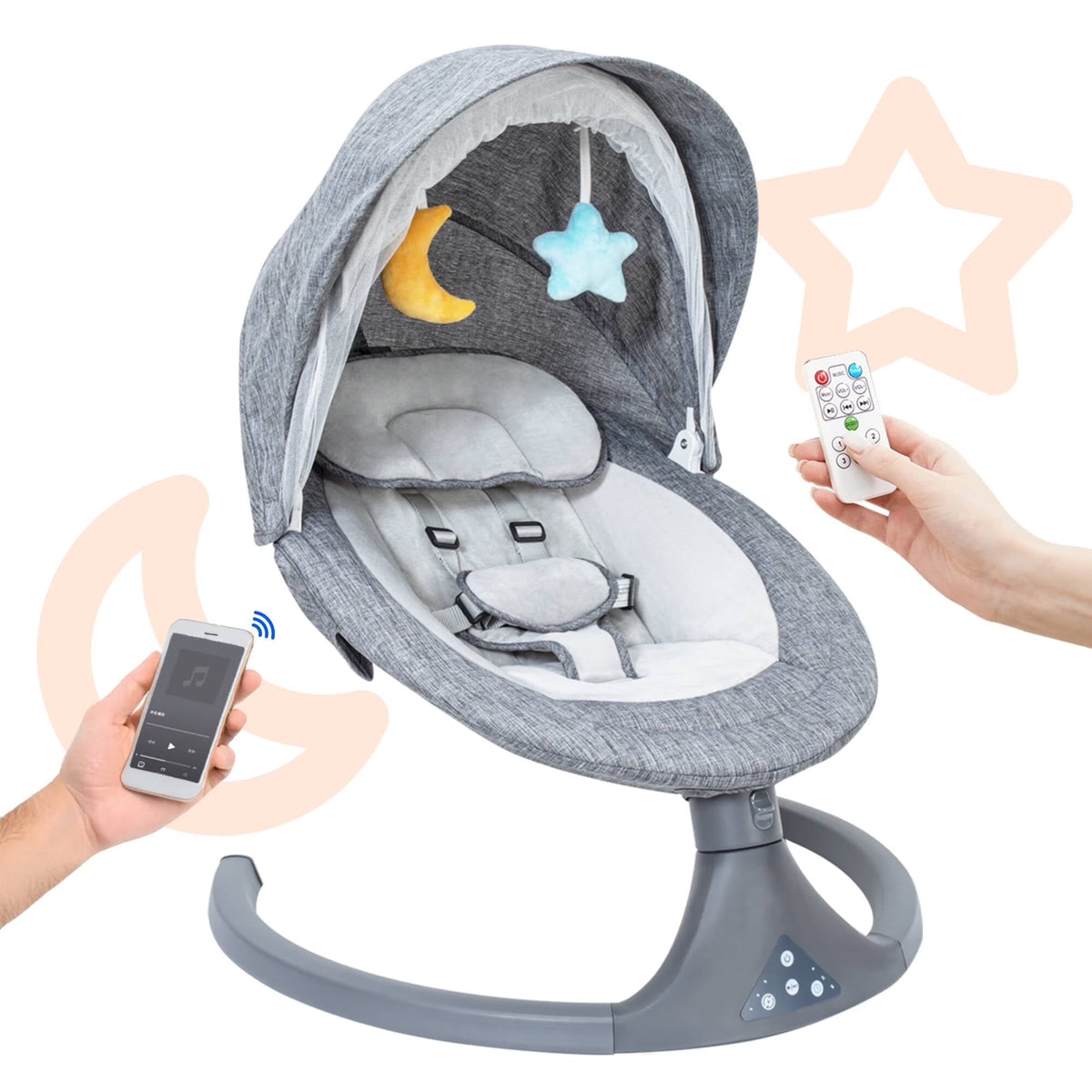 Aprpink 5 in 1 Large Baby Swing Bouncer with Rocking, Mosquito Net&Cute Toys Gray Striped for Toddler, 1 Count