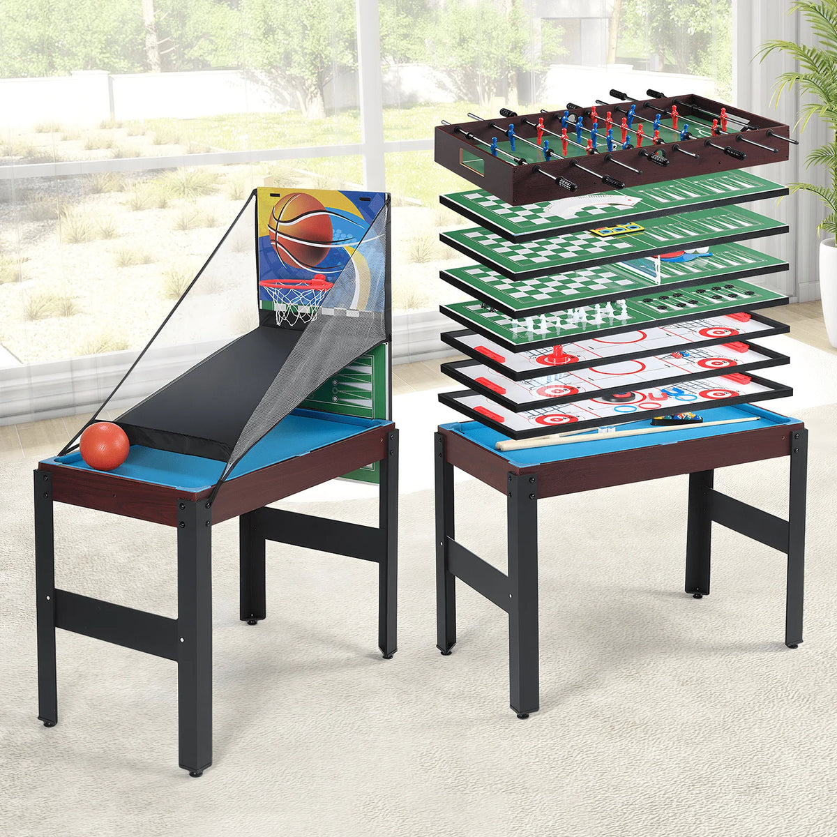 BTMWAY 16 in 1 Multi Game Table, 48 Combo Game Table Set for Game Room, Game Table with Bow, Arrow, Basketball, Football, Hockey, Foosball, Shuffleboard, Ping Pong, Chess, Checkers, Bowling