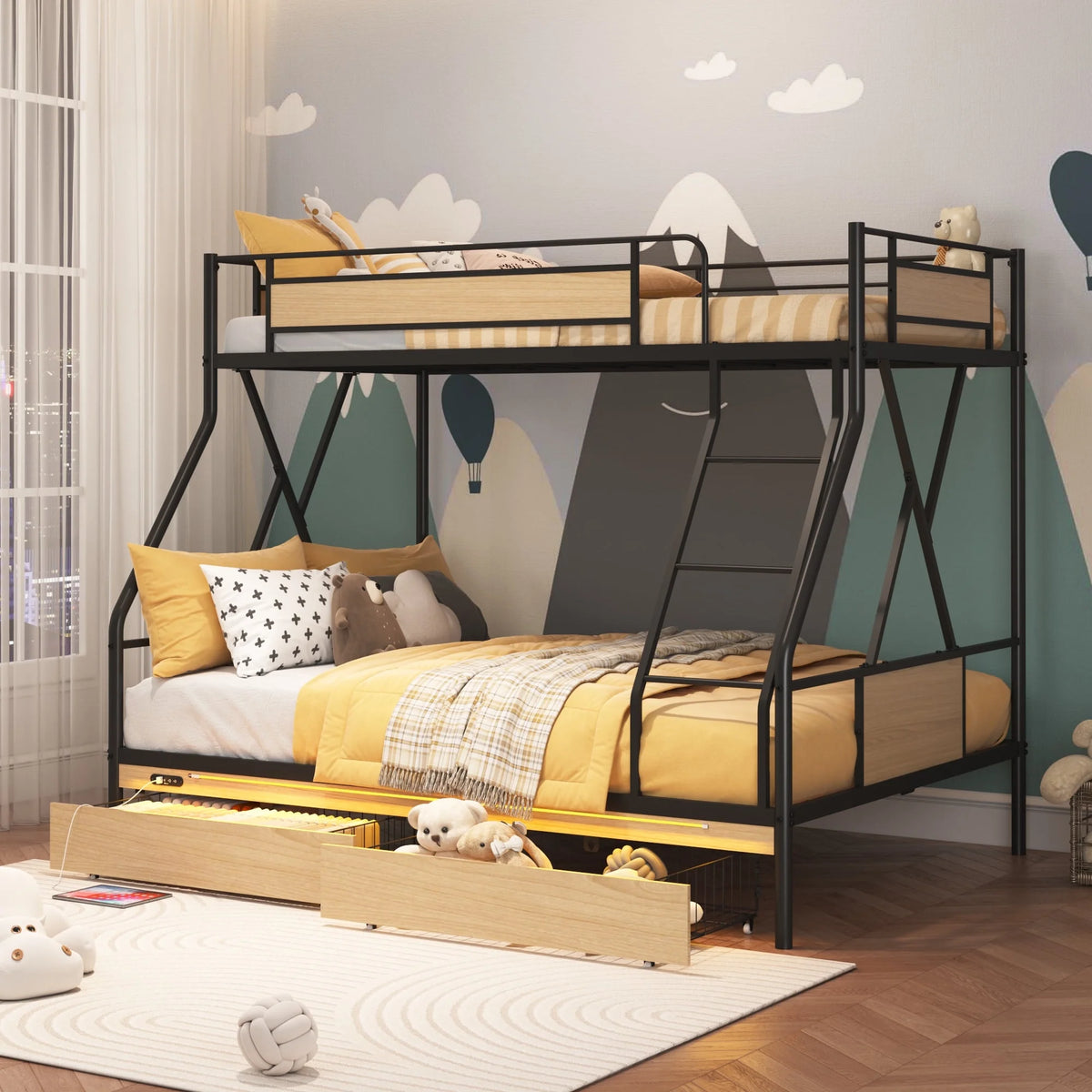 Twin Over Full Bunk Bed with Storage, Heavy Duty Metal Bunk Beds with LED Lights for Kids, Space Saving Bunk Beds with 2 Drawers, l, Modern Kids Room Furniture, Black