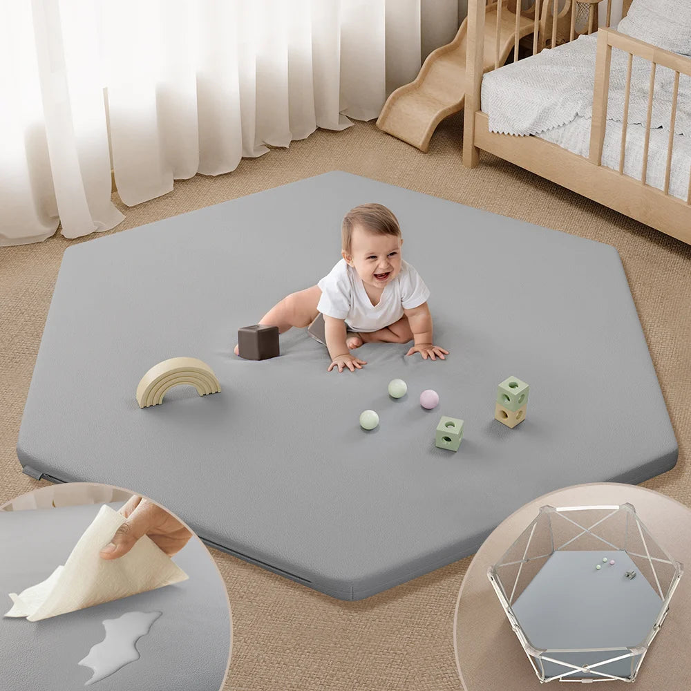 Baby Play Mat, Novashion Vegan Leather Baby Floor Mat Playpen Mat, Thicken Soft Crawling Mat for Infant, Wipe-Clean, 52"x 45", Gray