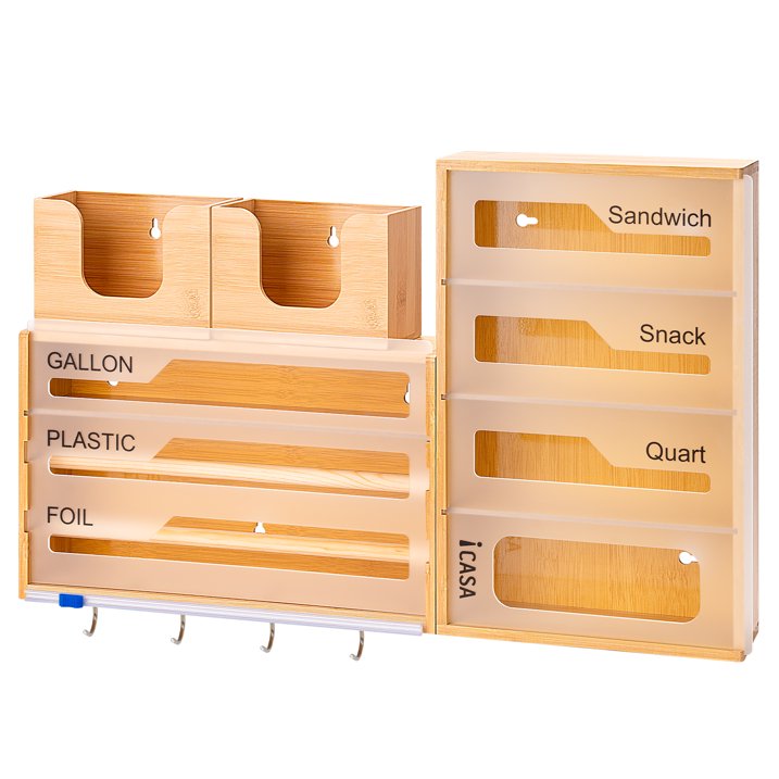 iCASA 15 - in - 1 Bamboo Storage Bag Organizer for Kitchen Drawer & Wall Moun, Kitchen Foil and Plastic Wrap Dispenser with Cutter, Food Sandwich Bag Organizer for Drawer, Bamboo Baggie Container Box
