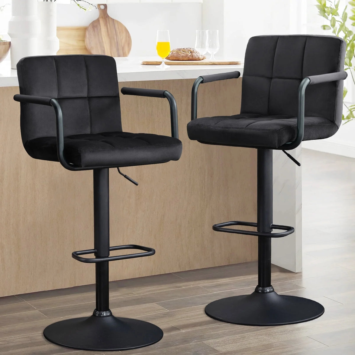 Black Adjustable Swivel Barstools Set of 2 Velvet Upholstered Bar Chairs