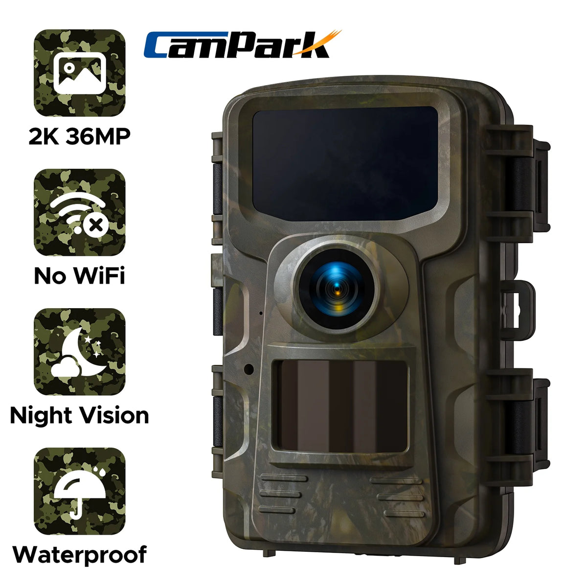 CAMPARK Trail Camera 2K 36MP Game Camera with Infrared Night Vision Waterproof 65FT Motion Activated Wildlife Scouting Hunting Deer Trail Cam with 120 Wide Angle Lens 2.0"LCD