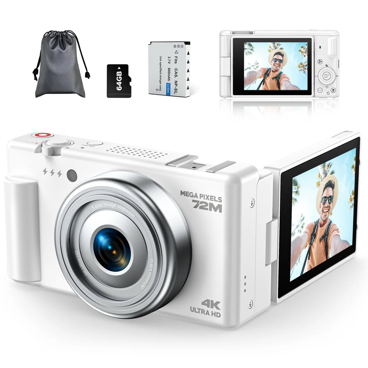 Campark AC18 72MP Digital Camera 4K/30FPS Video with 18x Zoom, 64GB Card for Beginners