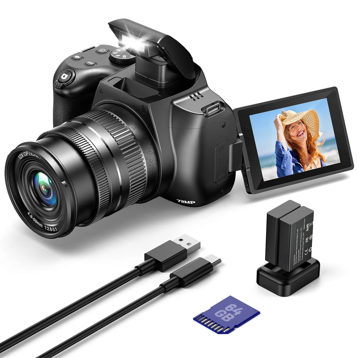 Campark 72MP Digital Camera with 12X Option Zoom Autofocus 4K/30FPS Video, WiFi, 64GB Card