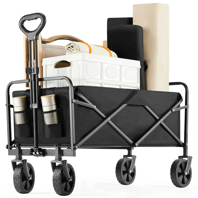 Collapsible Folding Wagon Cart, Camping & Shopping, Heavy Duty Utility Wagon with All-Terrain Wheels - Black(29.10*18.50*35.00inch)