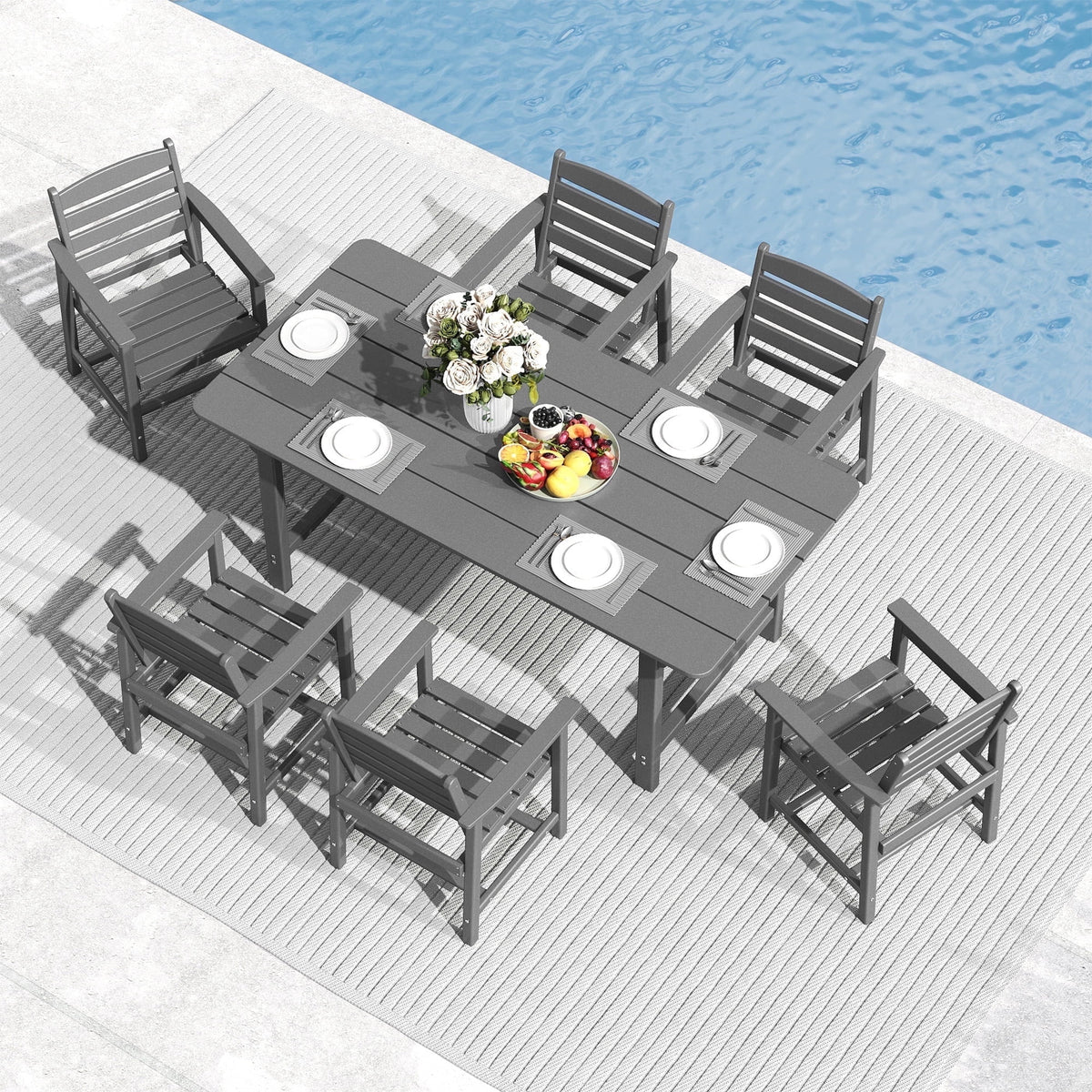 FOOWIN 7-Piece Patio Dining Set, HDPE All-Weather Outdoor Furniture with 6 Chairs and 1 Table, Grey