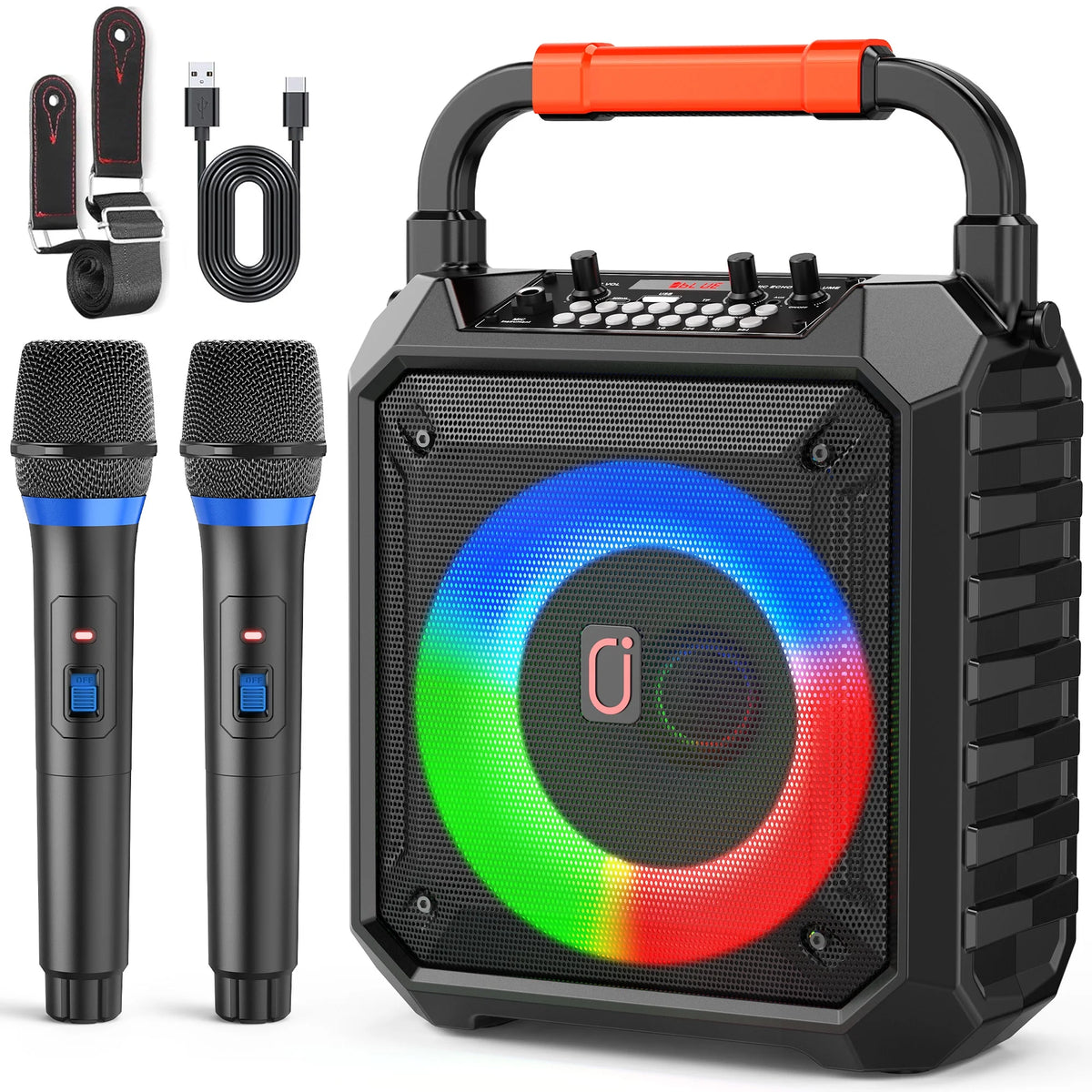 FanFun Karaoke Machine for Adult, Portable Bluetooth Karaoke Speaker with 2 Microphones & RGB Lights for Home Party