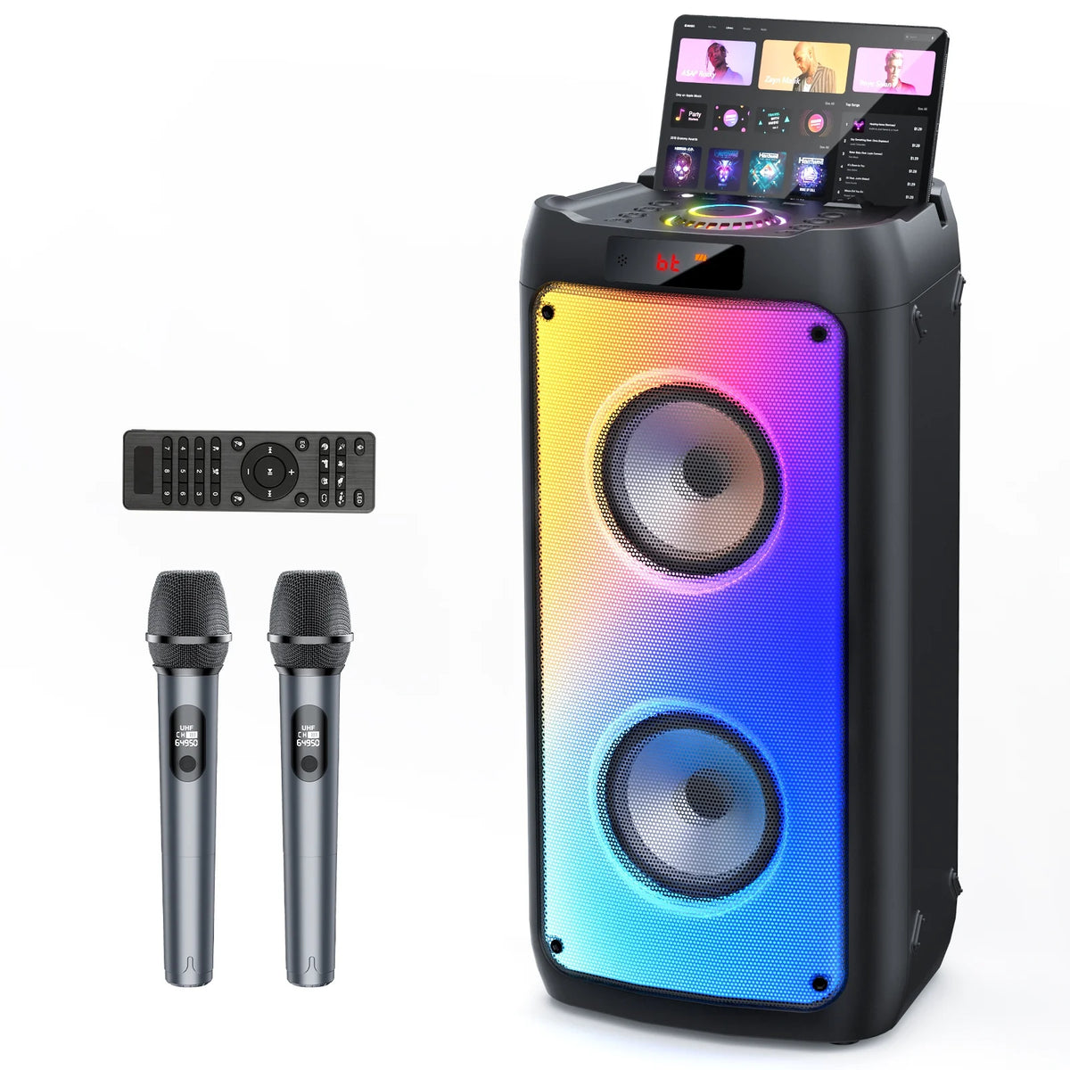 FanFun Party Speaker, Portable Bluetooth Speaker with 2 Microphone & DJ Light, Wireless Speaker for Outdoor