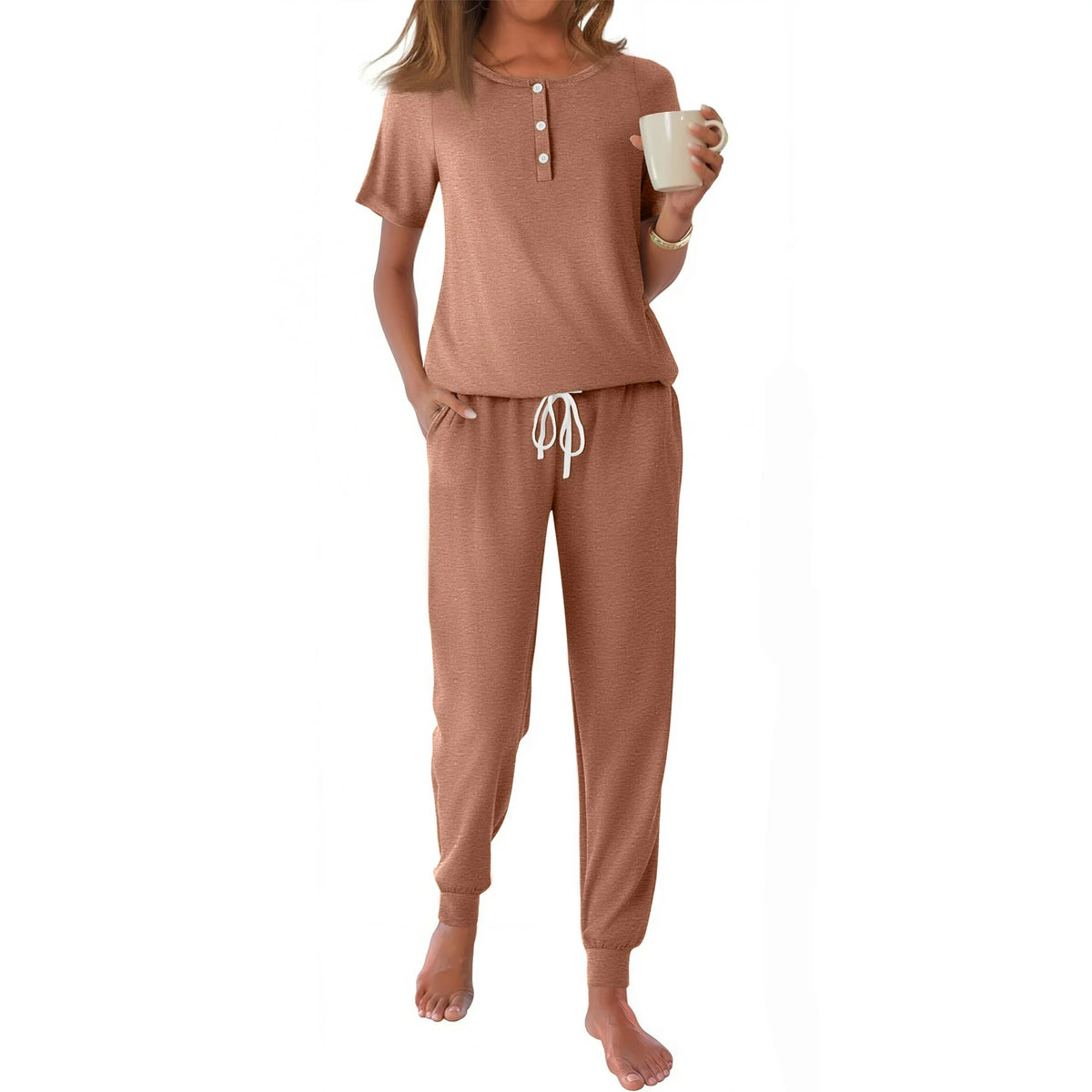 Fantaslook Pajamas Sets for Women Short Sleeve Henley Shirt And Pants With Drawstring Casual Lounge Wear Sets Summer Outfits