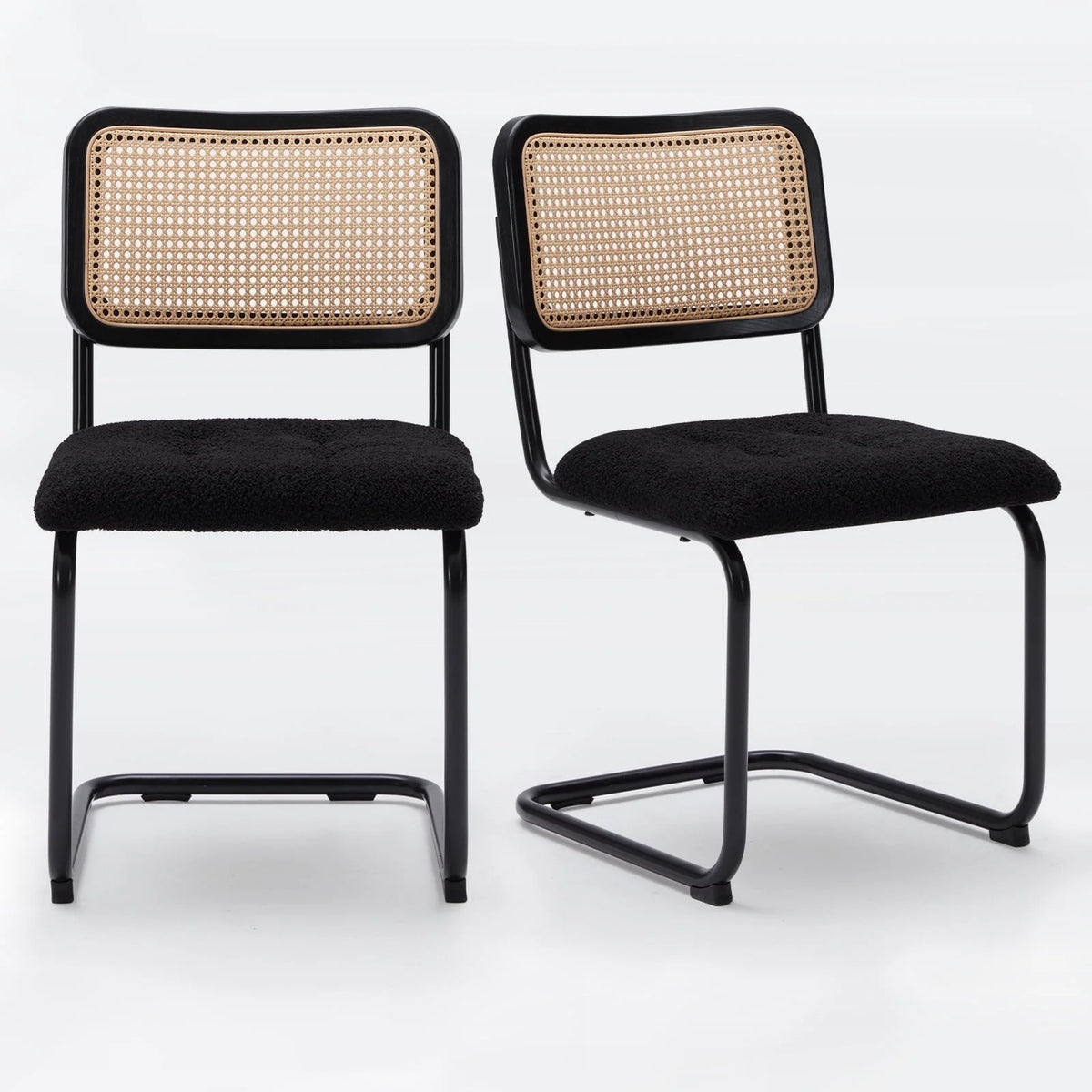 Farini Dining Chairs Set of 2, Mid-Century Modern Kitchen Chairs with Rattan Backrest & Velvet Upholstery, Black
