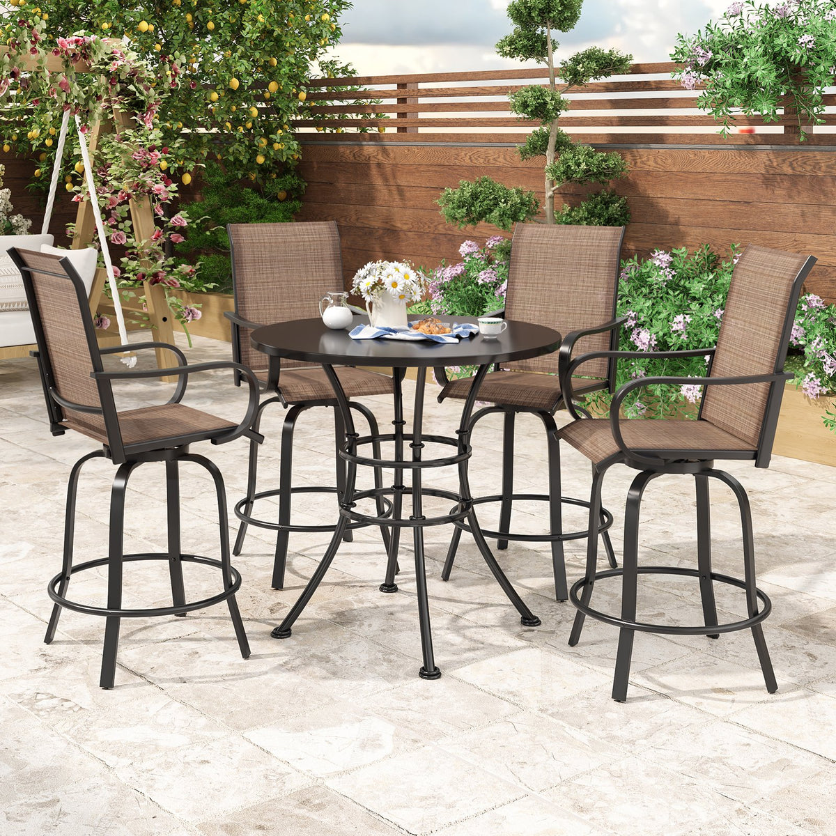 Farini Outdoor Bar Stools Set of 2, 360°Swivel Patio Barstools with Textile Fabric,Ergonomic Comfort Bar Height Tall Outdoor Stools for Balcony,Brown