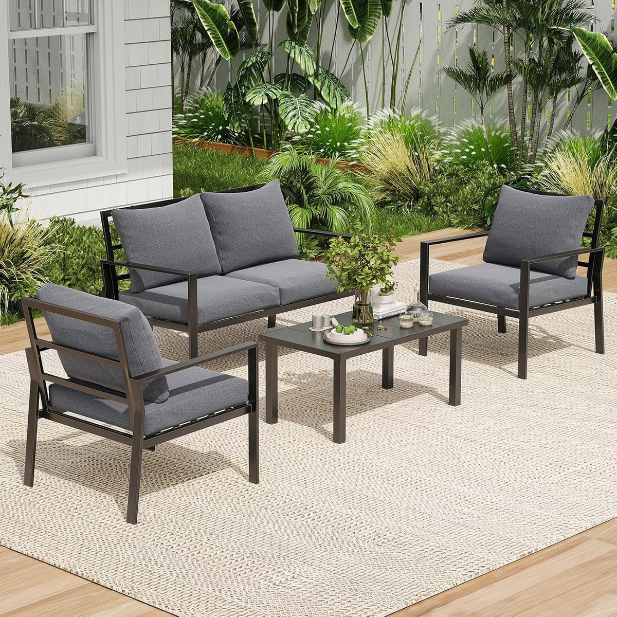Farini Outdoor conversation sets, 4 Pieces Metal Patio Furniture Set with 2 Single Sofas, Loveseat & Coffee Table, for Garden, Backyard, Balcony (Dark Gray)