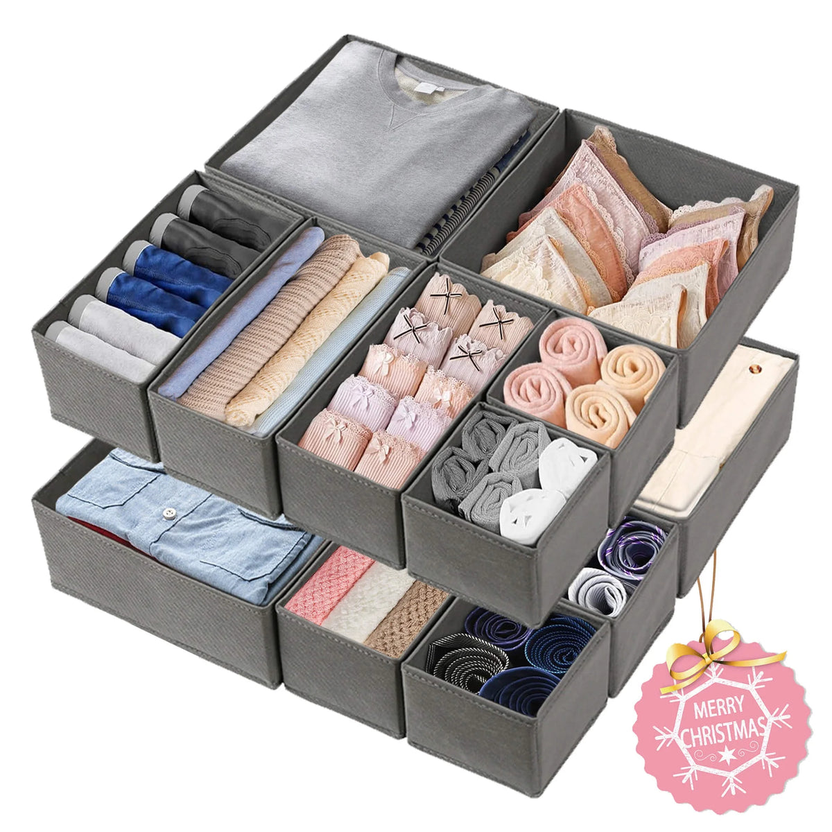 Fixdono Drawer Organizer for Clothes, Dresser Drawer Organizer, 12 Pack, Gray