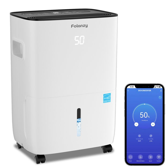Folanzy 80 Pints Smart Dehumidifier for Home Basement Large Room Spaces up to 5,200 Sq. Ft with Drain Hose and Water Tank