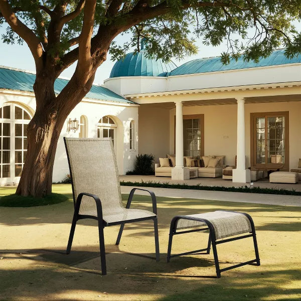 Hyleory 2-Pack Outdoor Teslin Fabric Footstools with Iron Frame - Waterproof Stackable Ottoman Set for Patio Garden and Poolside