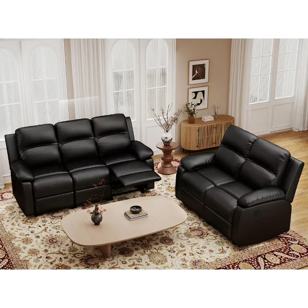 KERDOM 3-Seater Manual Recliner Sofa, PU Leather Reclining Couch, 3-Position Reclining Living Room Sofa,Black