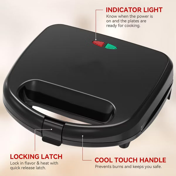 YASHE 2-Slice Sandwich Maker with Waffle Plates, Non-Stick Toaster, Quick Heat-Up, Cool-Touch Handle, and Automatic Temperature Control