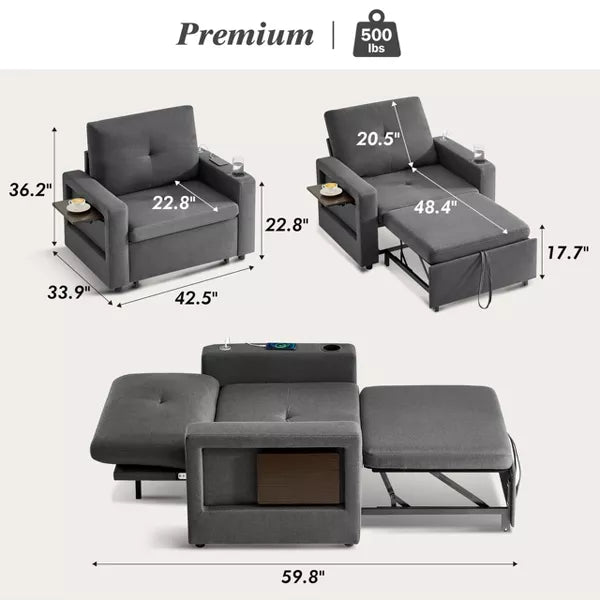 Vipbear 3-in-1 Sleeper Sofa Chair Bed, 42.5" W Convertible Sleeper Chair with Pull Out Bed, USB Charging Ports & Side Table, Cup Holder