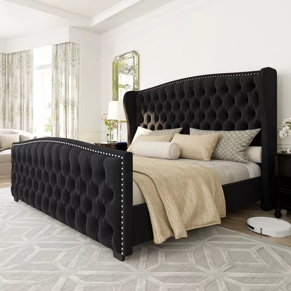 AMERLIFE Platform Bed Frame, Velvet Upholstered Bed with Deep Button Tufted
