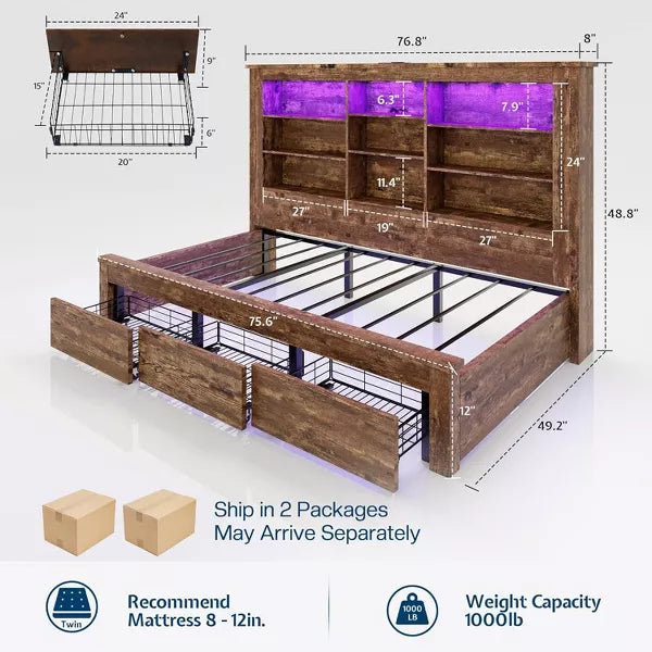 AMERLIFE Daybed with Bookcase Headboard, USB-C Charging, RGB Lights & 3 Drawers
