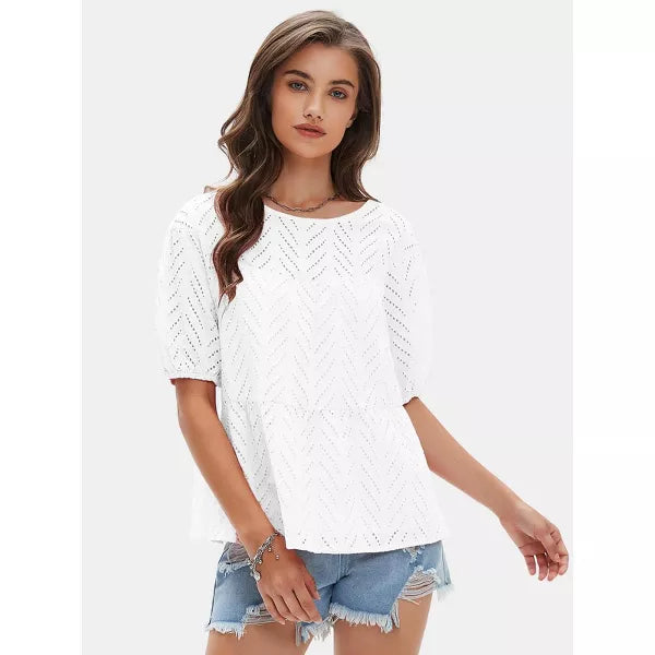 EXLURA Womens Summer Tops Dressy Casual Short Lantern Sleeve Shirts Crew Neck Hollow Out Lace Embroidered Blouses Shirts