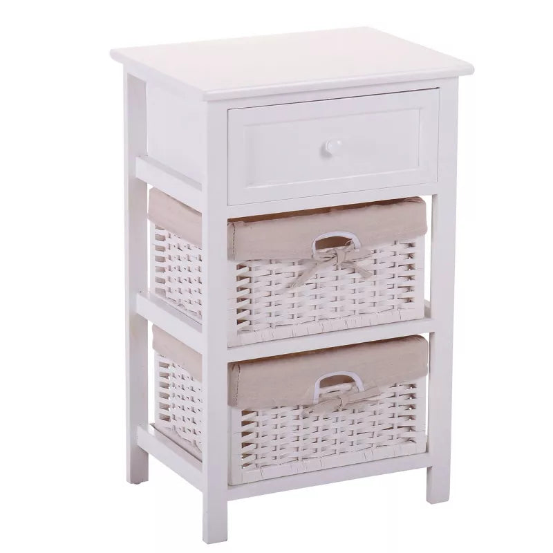 Resenkos Nightstand End Side Table, 3 Tiers 1 Drawer, Bedroom Home Storage Furniture w/ 2 Wicker Basket - White