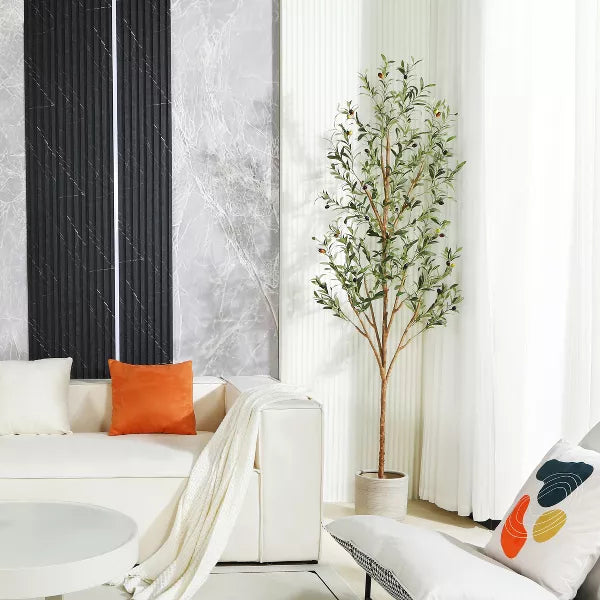 DR.Planzen 4-7ft Artificial Olive Tree Tall Faux Silk Plant Fake Potted Tree with Natural Wood Trunk and Lifelike Fruits for Home Office Decor Indoor