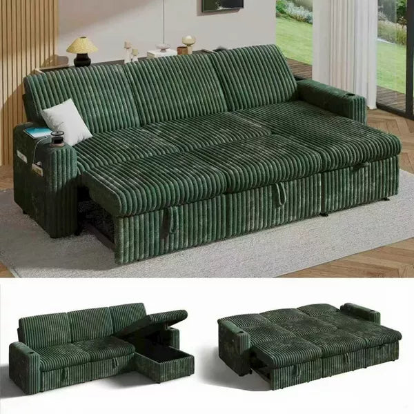 Vipbear 101'' Sectional Sleeper Sofa Bed with Pull Out Bed, with Reclining Backrest/Two Pull Out Beds/USB Ports/Cup Holders, Plush Corduroy
