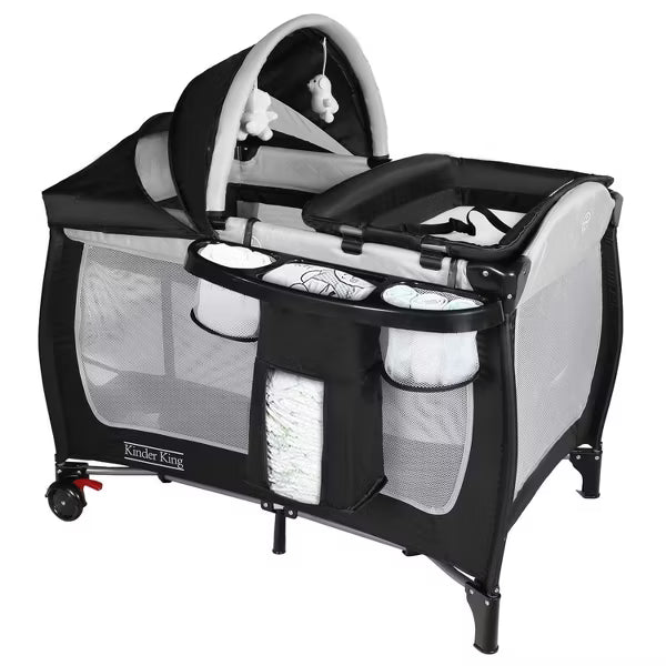 Kinder King 4-in-1 Portable Pack 'n Play with Bassinet, Changing Table, Adjustable Canopy, Storage Basket & Travel Bag – Infant to Toddler Playard