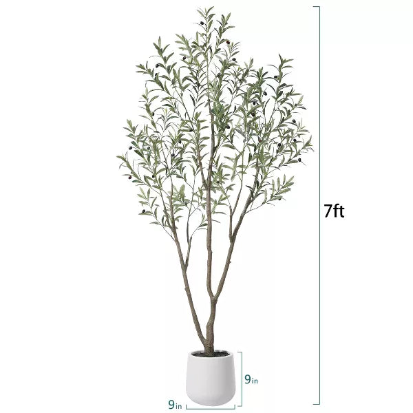 DR.Planzen 5-7FT Artificial Olive Tree with Triple-Trunk Design - Realistic Black Olives & Green Leaves in 9x9" White Plastic Planter for Home Decor