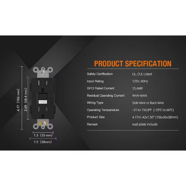 ELEGRP Black 20 Amp 125V Tamper Resistant Duplex Self-Test GFCI Outlet with Night Light, with Wall Plate