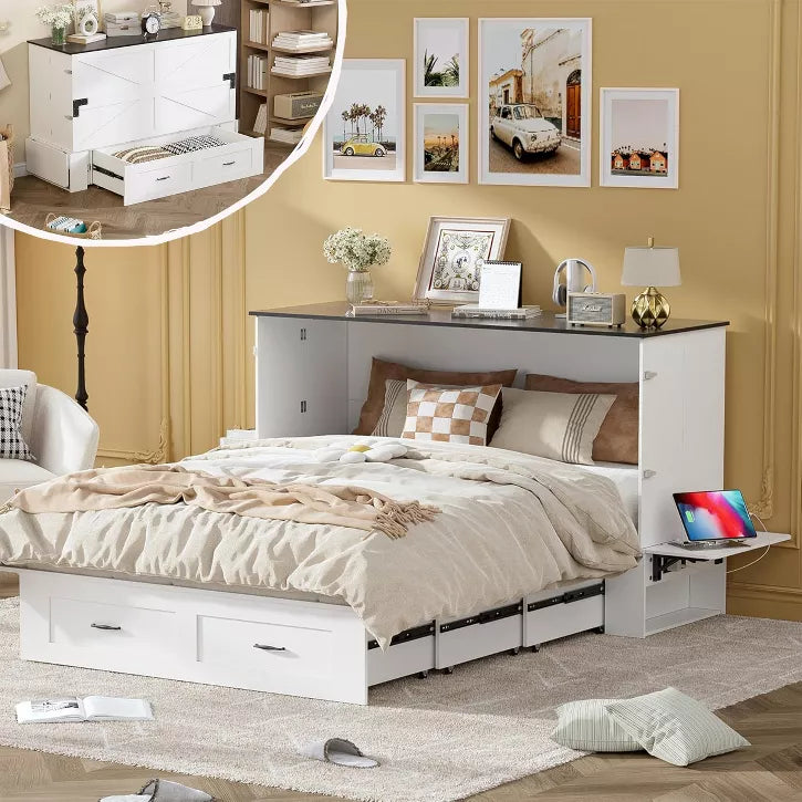 PAKASEPT Queen Murphy Bed, Murphy Cabinet Bed with Storage &Charging Station, Bed Frame with Foldable Panel and Hidden Space, for Bedroom/Guest Room