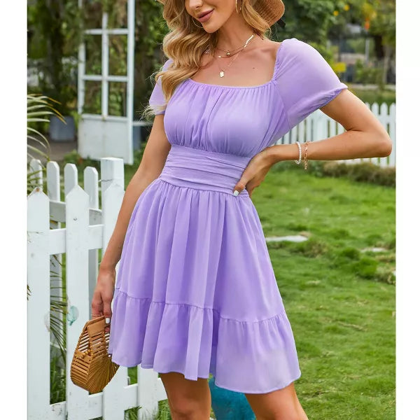 EXLURA Womens 2025 Summer Short Puff Sleeve Casual Short Mini Dresses Tie Back Square Neck A-Line Sundress