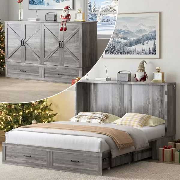 Mjkone Modern Murphy Bed Queen with USB ports & Drawers,No Mattress