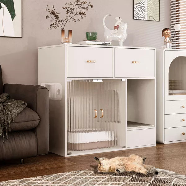 ATJafurn Cat Litter Box Enclosure, 37.4'' Furniture Style Hidden Litter Box Cat Cabinet With Storage For Large Cats White
