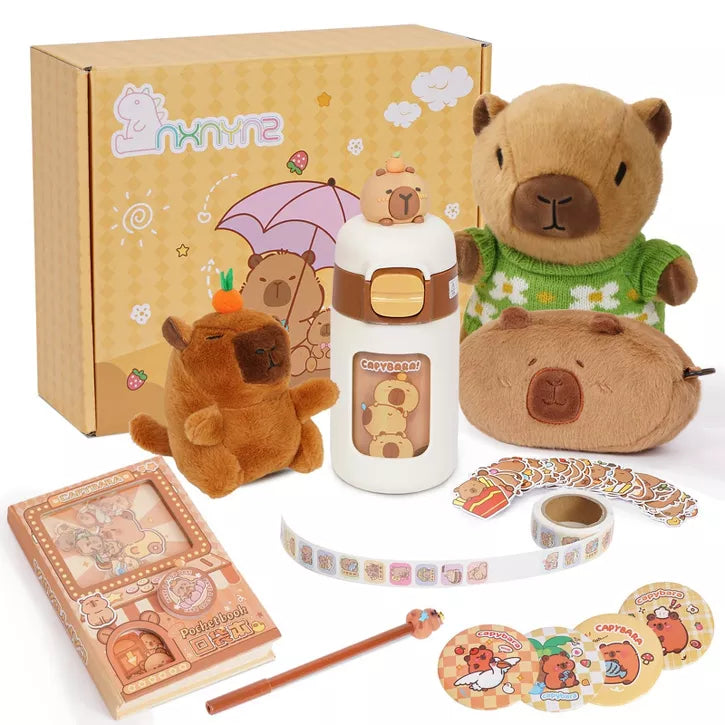 Capybara Plush for Kids 4-10+ Year Old Birthday Gift Cute Capybara Plush Set with Stuffed Animal/Cup/Notebook/Bag/Pen/Stickers/Badge/Keychain