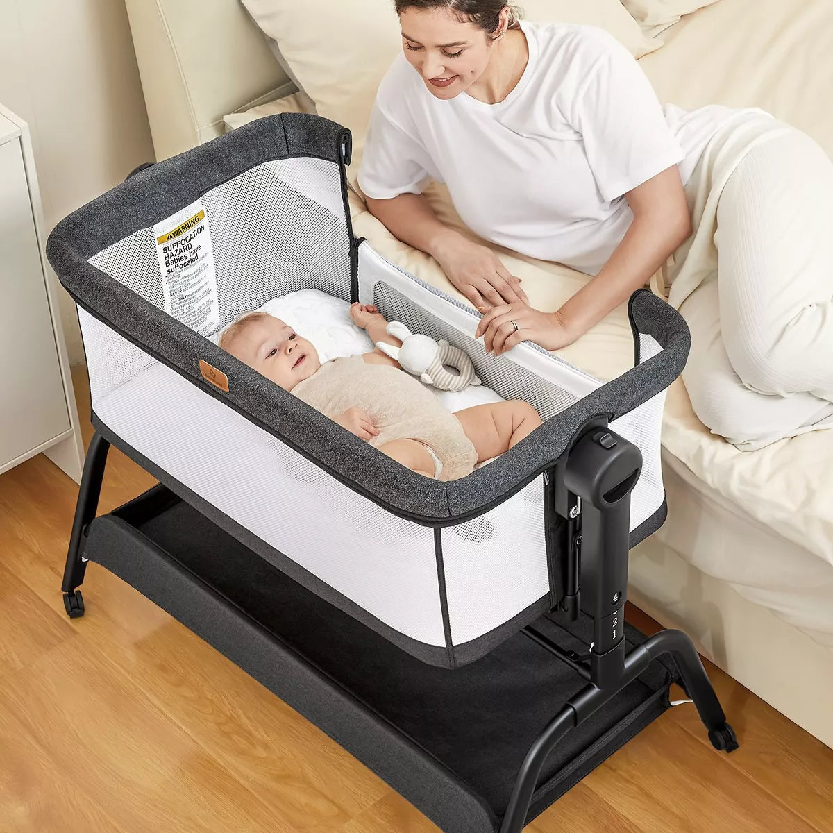 BabyBond Rocking Baby Bassinet, 3-in-1 Bedside Crib with Comfy Mattress, Wheels and 6 Height Adjustments, Portable Bedside Sleeper for Infants, Black