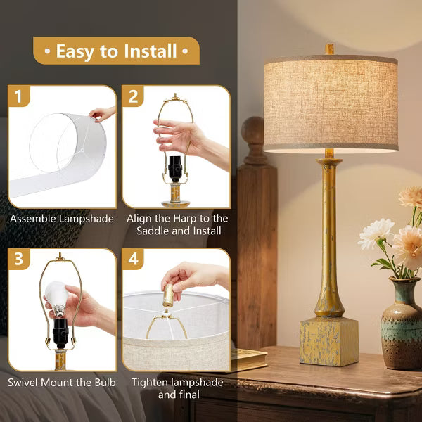 GTCLIGHTING 34.5" Gold Table Lamps for Living Room,Retro Bedside Lamps with Fabric Shade for Bedroom Nightstand,Rotary Switch