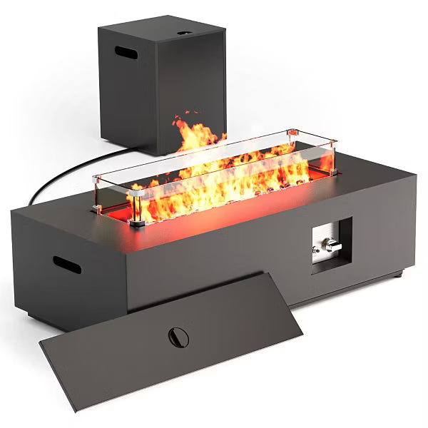 Evita 50,000 BTU Outdoor Fire Pit Table with Propane Tank, Windshield, Glass Stone and Rain Cover-42*20*12 Inch, Black