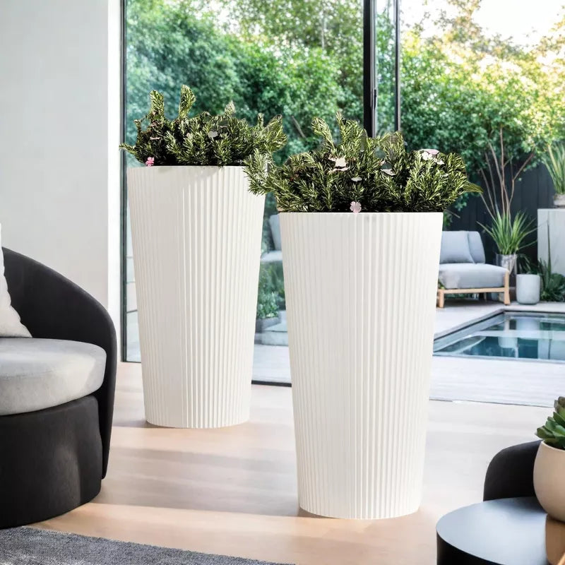 Maggift Planters Tall Planters, 2PCS Indoor Planter Pot Outdoor, Large Flower Pot Cone Striped Plastic Flower Pot , White 13"*13"*23.6"