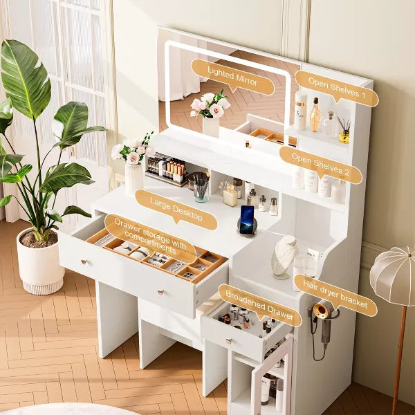 LIKEPAY Vanity Desk with Mirror, Power Outlet, Hair Dryer Bracket, Makeup Table with 2 Drawers,3 Color Modes Available for Bedroom