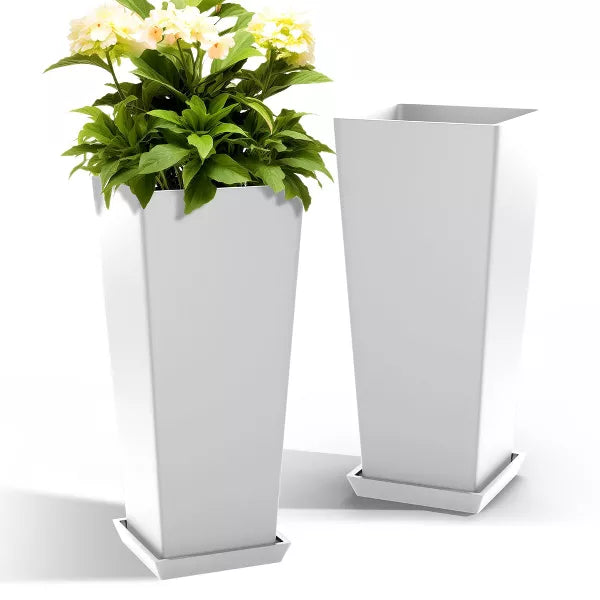TOAOTBNBO Tall Planters Set of 2, Durable Planter with Drainage Holes and Bottom Tray, Large Plants Pots for Garden and Patio