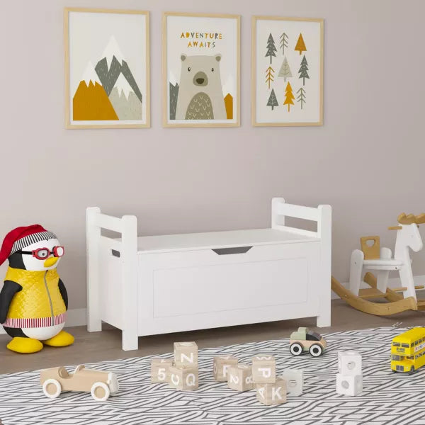 Kids Toy Box Chest, White Rubber Wood Toy Box for Boys Girls, Large Storage Cabinet with Flip-Top Lid/Safety Hinge