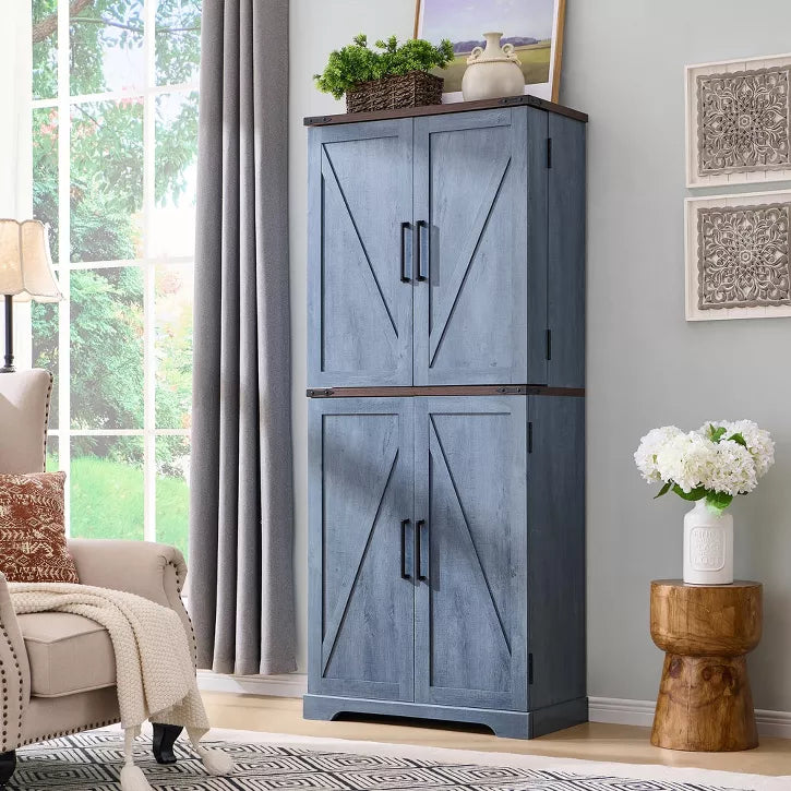 SinCiDo Farmhouse Kitchen Pantry with Barn Doors and Adjustable Shelves, Storage Cabinet, Rustic Wood Cupboard for Kitchen