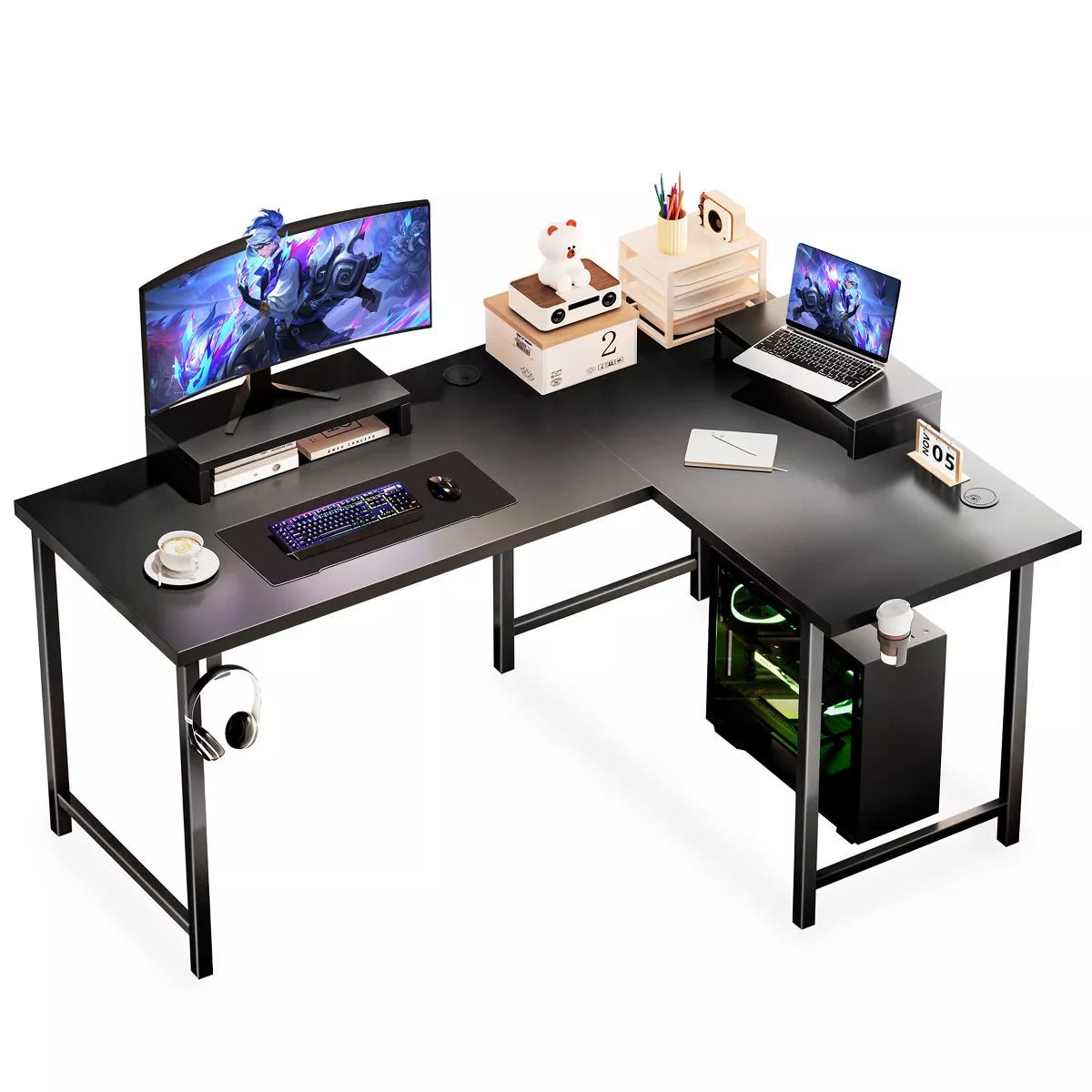GTRACING Gaming Desk, L-Shaped Computer Office Desk, Movable Monitor stand
