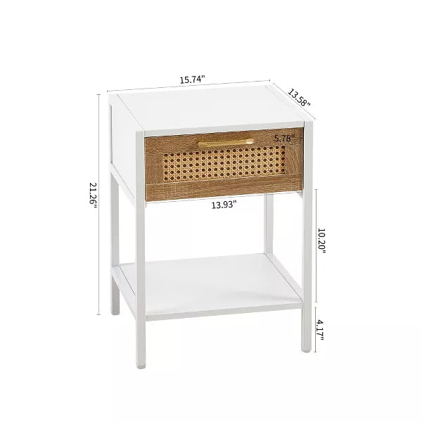 Wooakway 15.75"L 21.26"H 13.78"D Rattan End Table Side Table Nightstand with Adjustable Feet Power Outlet USB Ports