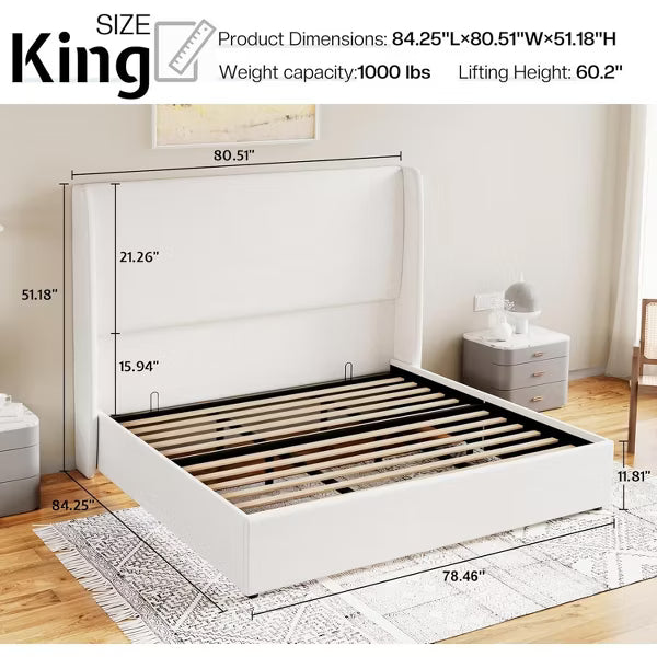 King Bed Frame with Lift Up Storage,Linen Upholstered Platform Bed,Wingback Headboard,White