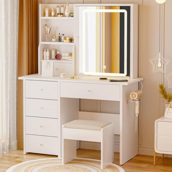 DYHOME Makeup Vanity Desk with Mirror and Lights & Charging Station, With 6 Drawers, Jewelry Storage, Make Up Table Set, Makeup Desk Stool Included