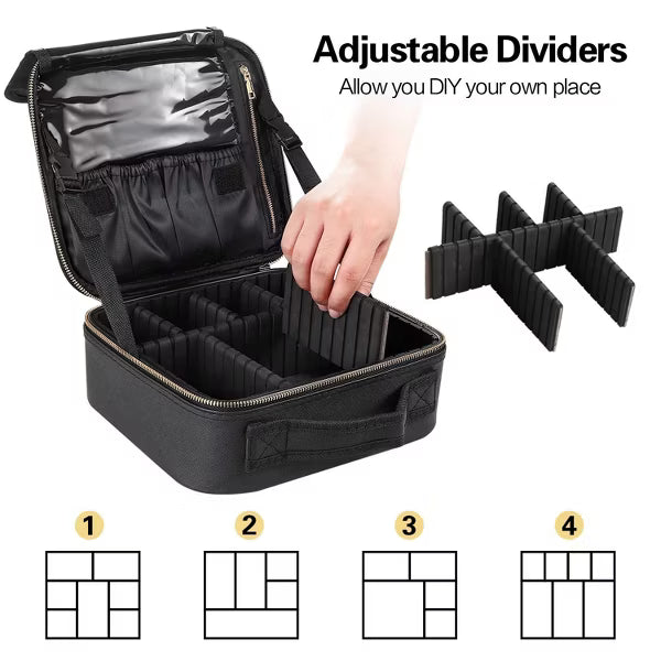 Travel Makeup Bag Organizer With Adjustable Dividers,Waterproof Shockproof Handbag, Black